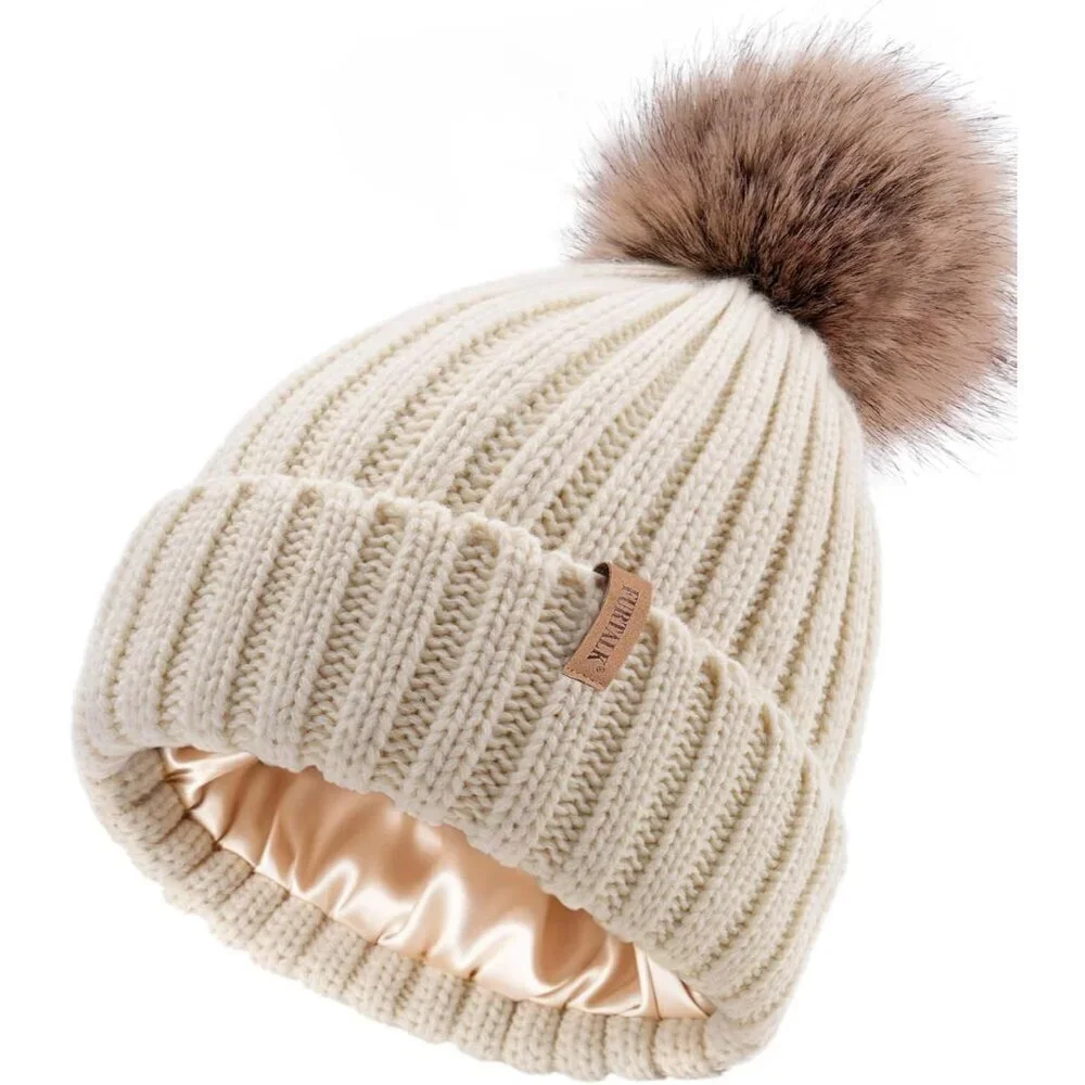 Women's Beige Winter Beanie Hat Satin Lined Faux Fur Pom Pom Beanies Hat